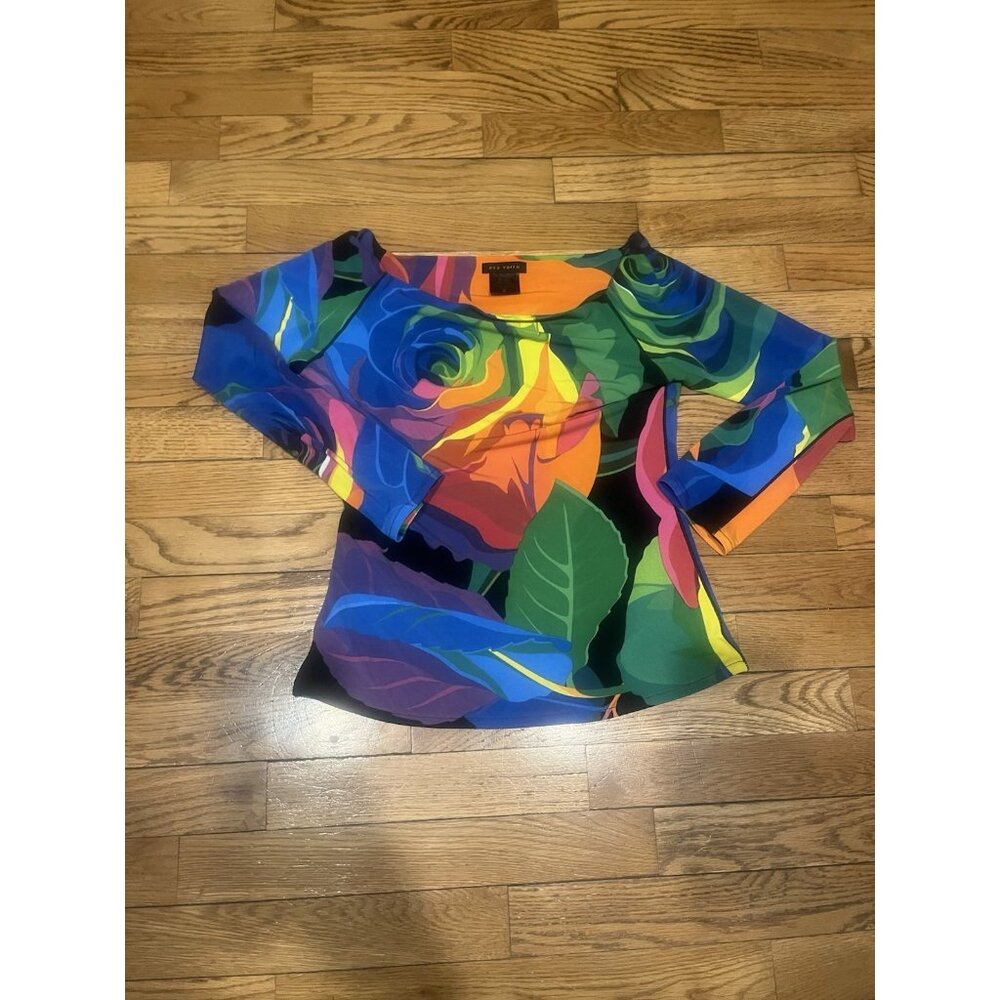 Eva Varro Top Wide Neck 3/4 Cut Out Sleeve Floral Abstract Artsy Women Small